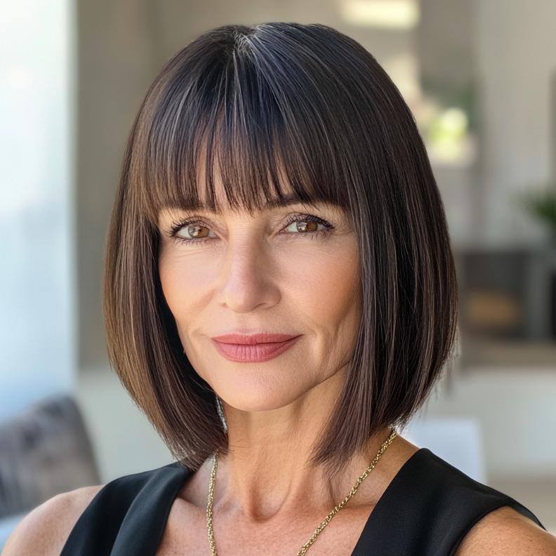 A timeless bob hairstyle for women over 40, with blunt, straight-across bangs that provide a polished and refined appearance