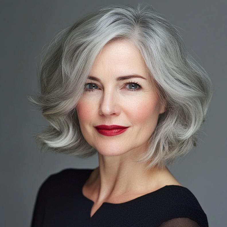 A timeless gray classic bob with soft waves for women over 50, offering a gentle and refined appearance.