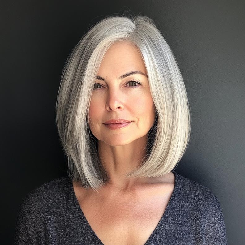 A timeless gray classic lob with a side part for women over 50, providing a refined and elegant look.