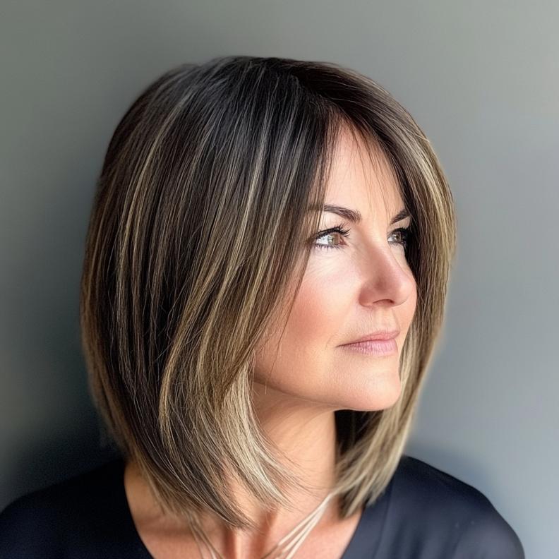 A timeless lob haircut for women over 40, featuring sleek hair and side-swept bangs that exude sophistication.