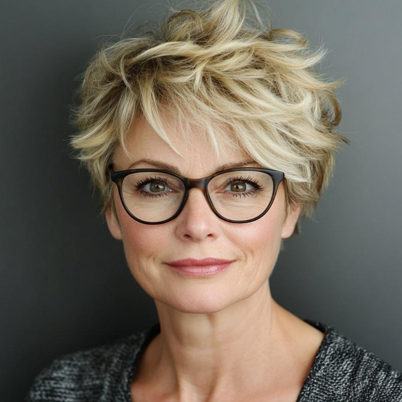 A tousled crop, a relaxed and textured short hairstyle for women over 50 with glasses, ideal for a casual and trendy style.