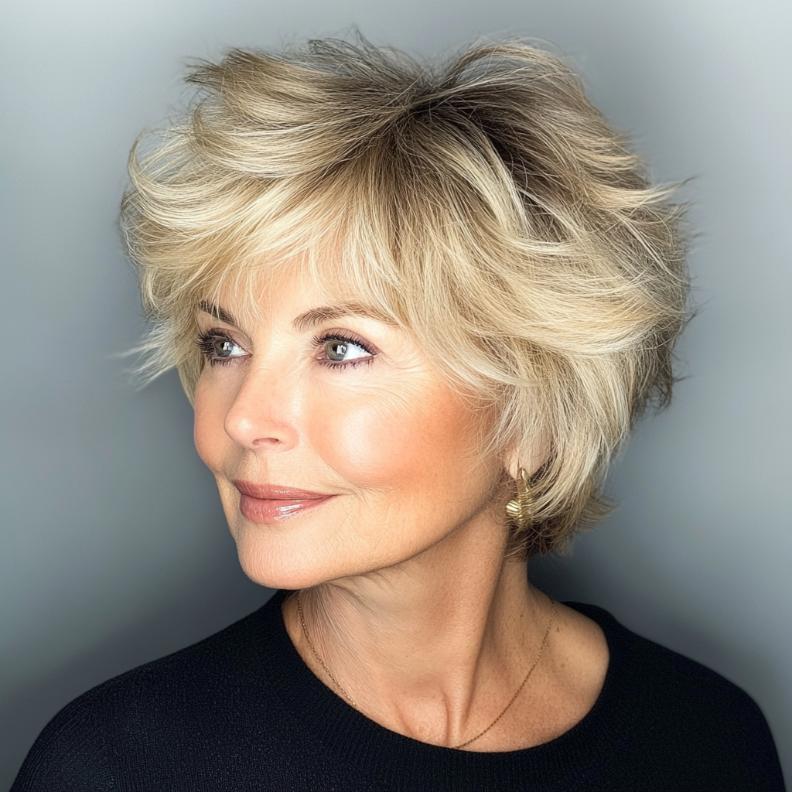 A trendy Short Shaggy Layers cut, adding volume and flair to short hairstyles for women over 70.