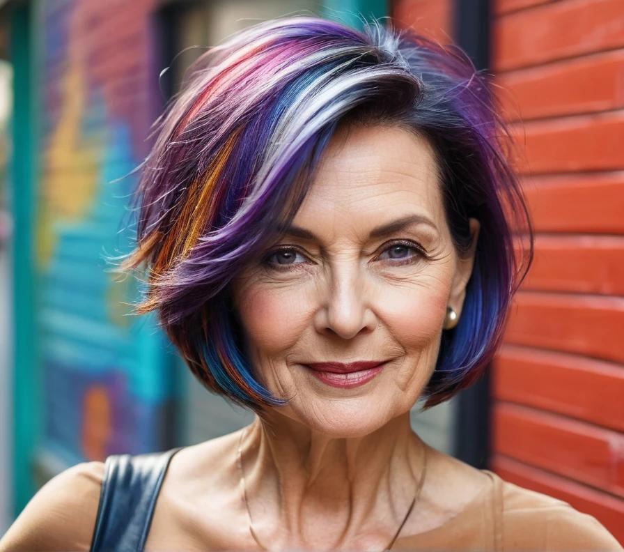 A trendy asymmetrical bob hairstyle for women over 50 with round faces, with one side longer for added edge.