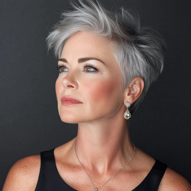 A trendy gray choppy pixie with sideburn detail for women over 50, adding an edgy twist to the classic pixie.