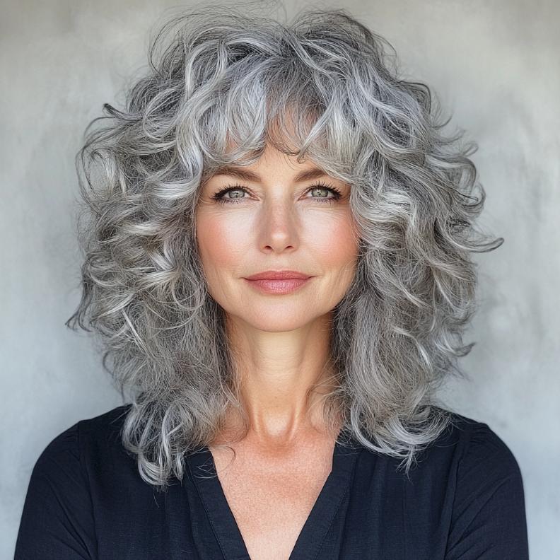 A trendy gray curly shag cut with bangs for women over 50, offering a playful and voluminous hairstyle.