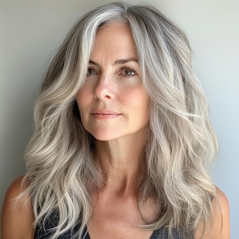 A trendy gray ombre with beach waves for women over 50, offering a relaxed and stylish look.