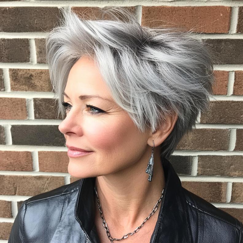 A trendy gray short choppy layered cut for women over 50, offering an edgy and modern style.