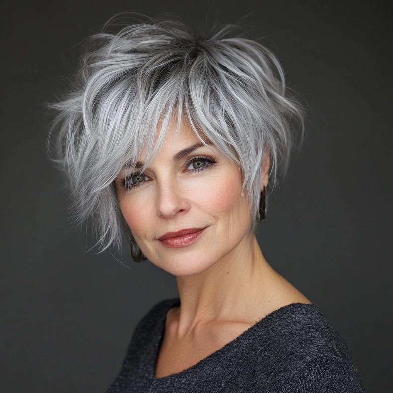 A trendy gray short shag cut for women over 50, offering a fun and edgy look with lots of texture.