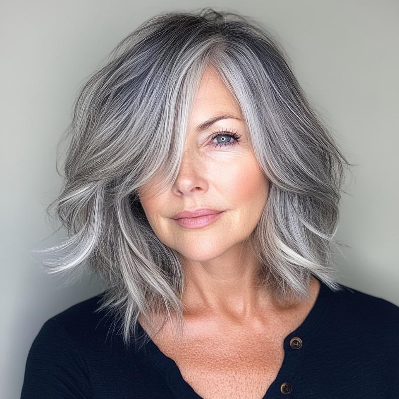 A trendy gray tousled bob with curtain bangs for women over 50, giving a relaxed and effortless vibe.