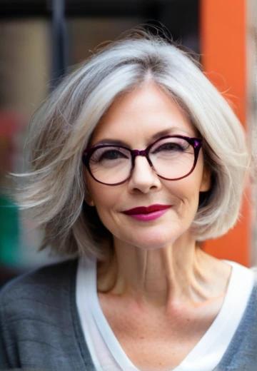 A trendy layered bob featuring gentle waves, ideal for mature women with glasses.