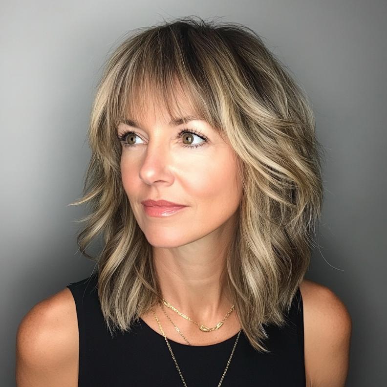 A trendy long bob hairstyle for women over 40, highlighted by choppy bangs that create a dynamic and youthful look.