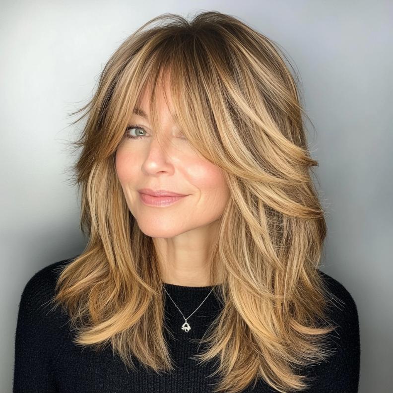 A trendy long shag hairstyle for women over 40, featuring textured layers and curtain bangs that frame the face beautifully.