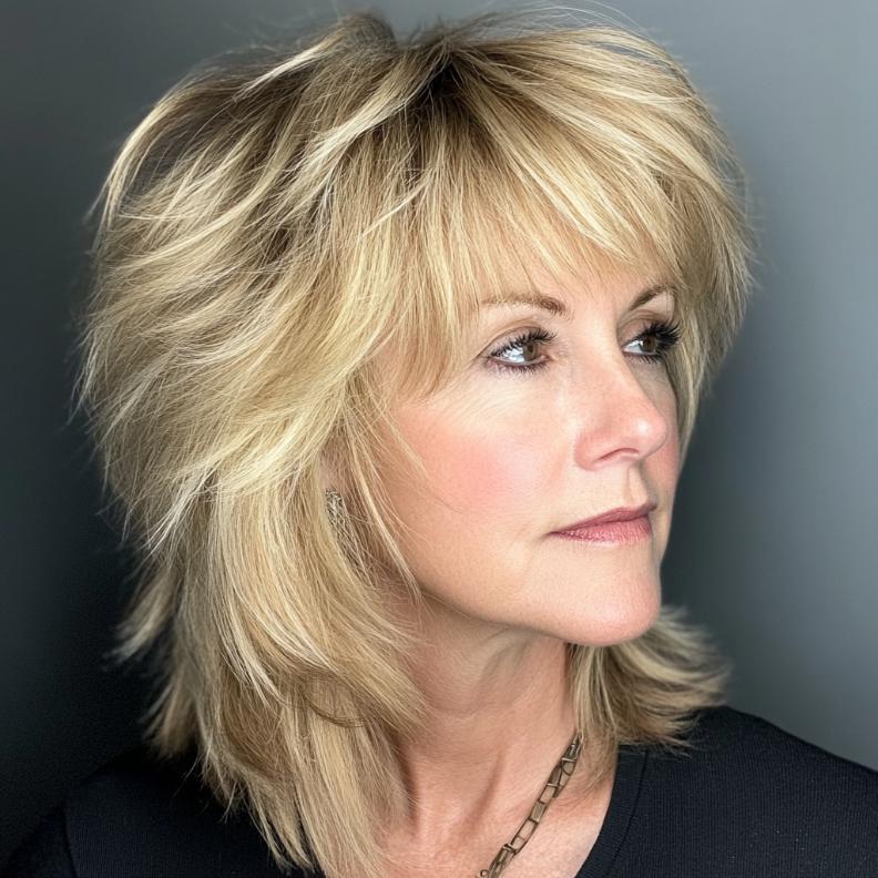 A trendy modern shag for women over 40, highlighted by feathered bangs that create a textured and stylish look.