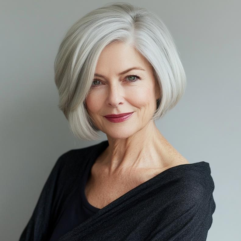 A trendy older woman with an asymmetrical bob, creating a dynamic and fashion-forward look.