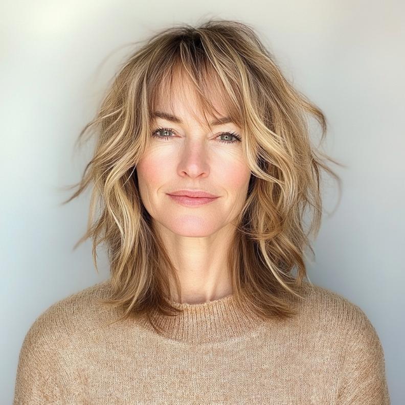 A trendy, shoulder-length lob haircut for women over 40, characterized by textured layers and delicate wispy bangs for a light and airy look.