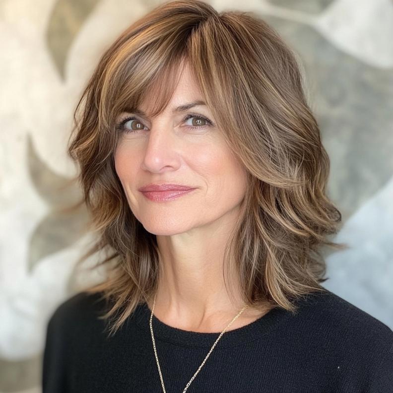 A trendy textured lob for women over 40, complemented by side-swept bangs for a dynamic and youthful appearance