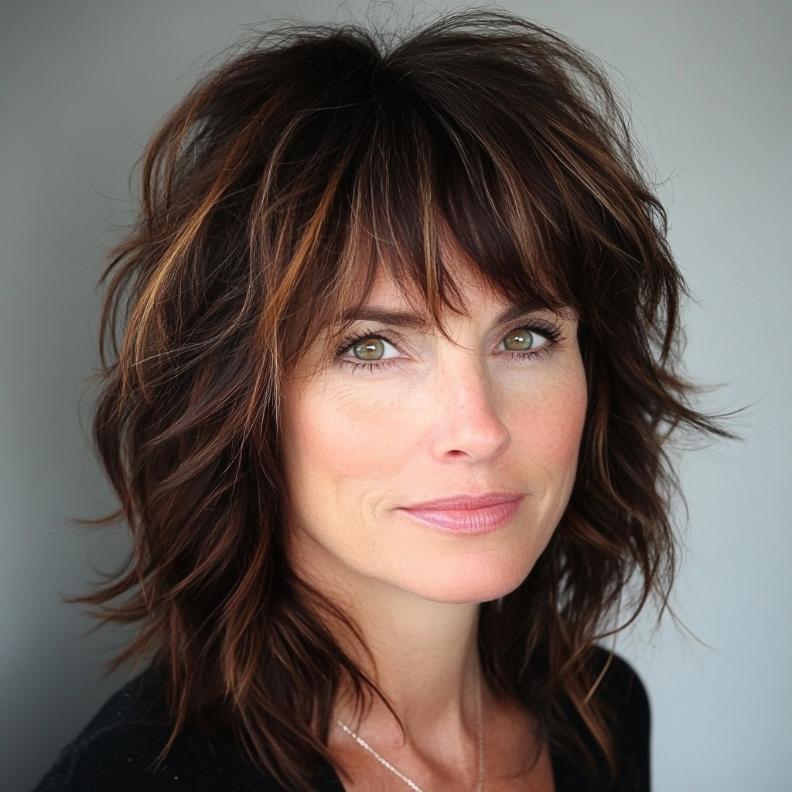 A trendy textured shag hairstyle for women over 40, featuring tousled layers and bangs that add movement and personality