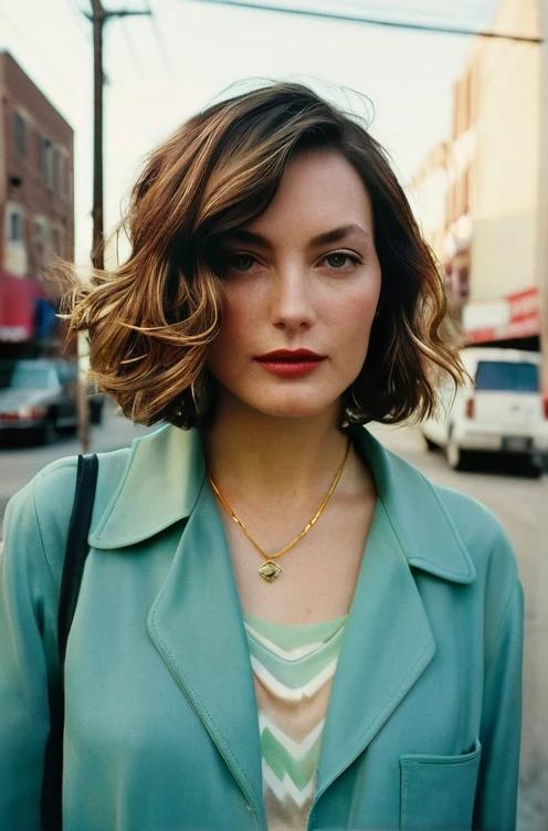 A trendy wavy bob enhanced with subtle highlights, creating a youthful and radiant appearance.