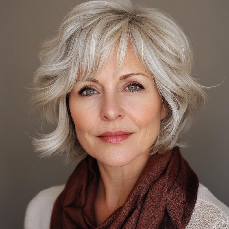 A versatile Short Layered Bob, a classic choice for women over 70 seeking a chic short hairstyle.