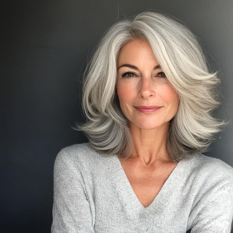 A versatile gray layered lob for women over 50, combining length with layers for a flattering look.