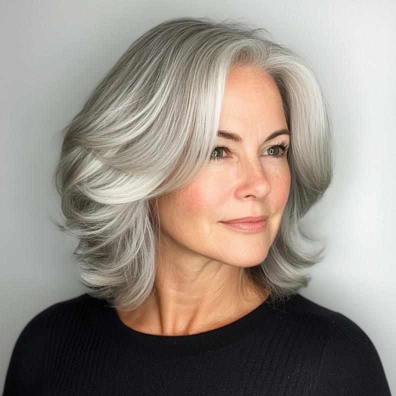 A versatile gray soft layered lob for women over 50, offering a gentle and feminine look.