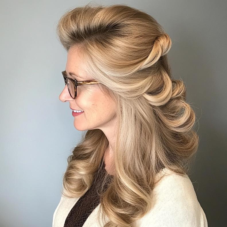 A versatile half-up, half-down hairstyle with soft curls, offering a youthful and romantic style for women over 40 with glasses.