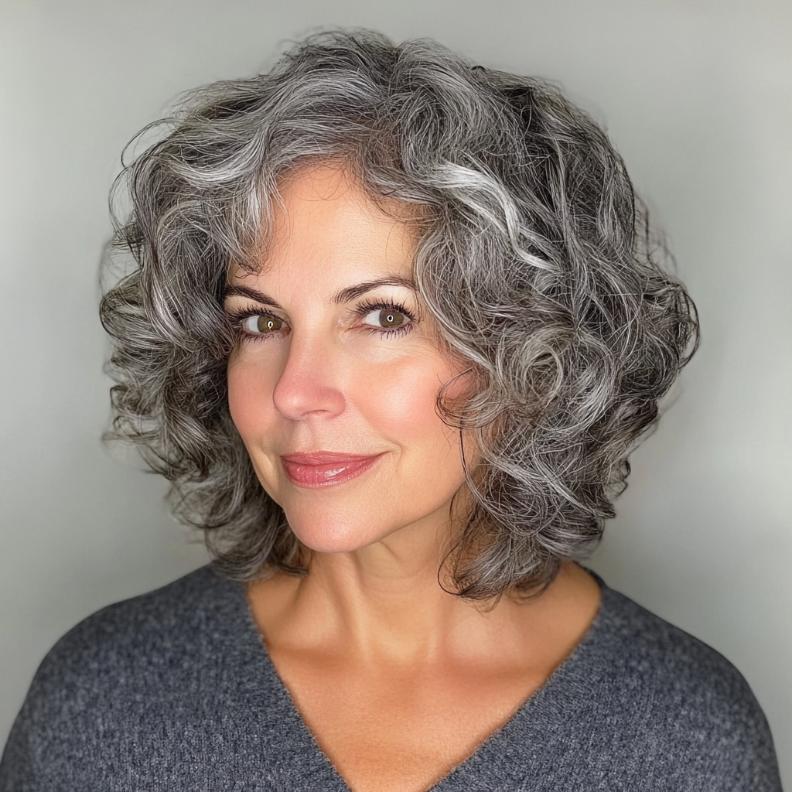 A vibrant gray curly bob with subtle highlights for women over 50, perfect for adding dimension to natural curls.