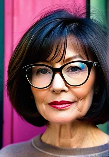 A voluminous bob with side bangs, perfect for mature women with glasses.