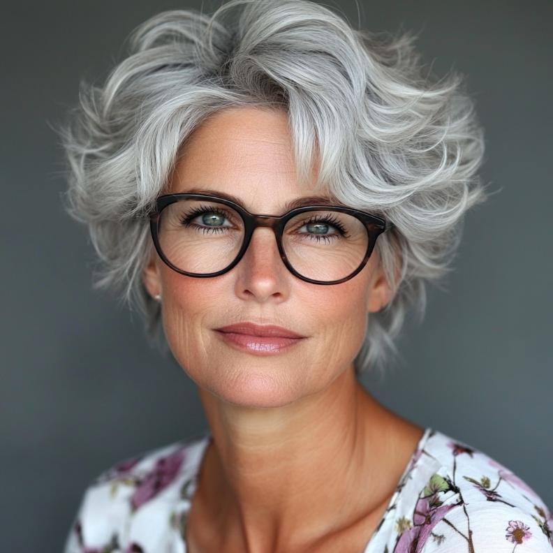 A voluminous crop, a full and lively short hairstyle for women over 50 with glasses, adding height and dimension.