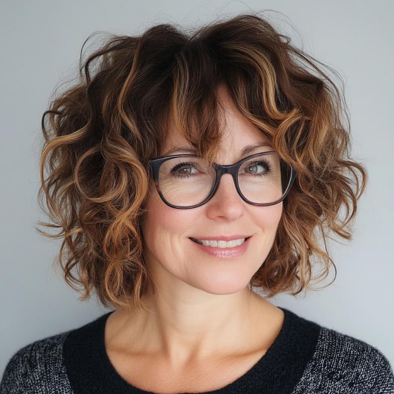 A voluminous curly bob that embraces natural texture, adding bounce and body for women over 40 with glasses.