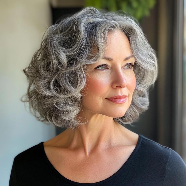 A voluminous gray curly bob for women over 50, providing a bold and lively hairstyle.