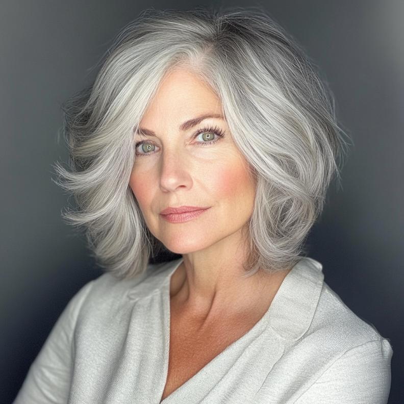 A voluminous gray feathered bob for women over 50, offering a soft and stylish look.