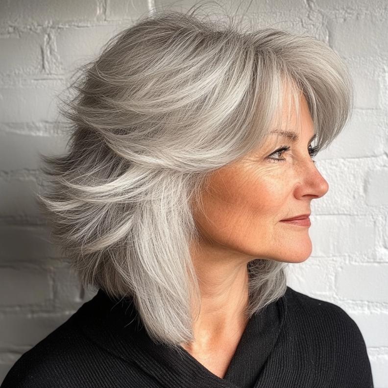 A voluminous gray layered cut with a crown for women over 50, adding height and body to the hair.