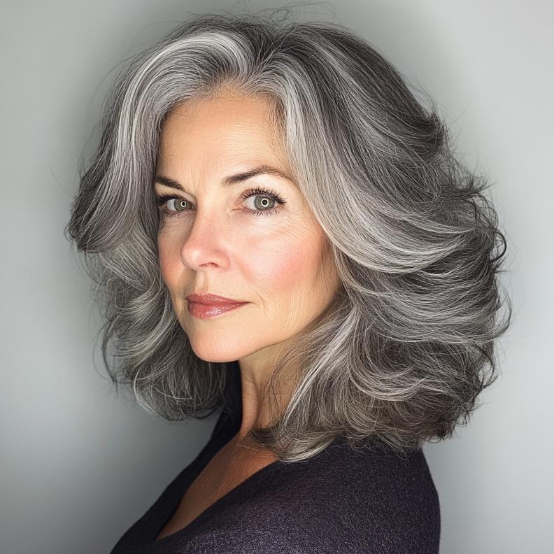 A voluminous gray mid-length layered cut for women over 50, providing body and movement.