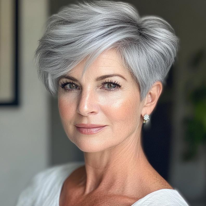 A voluminous gray tapered pixie cut for women over 50, offering a stylish and easy-to-manage look.