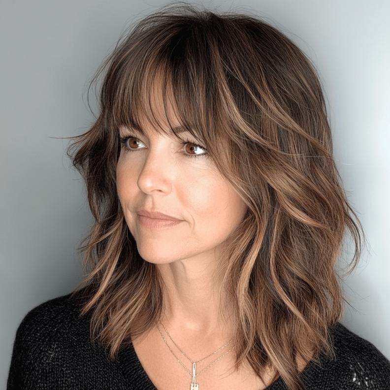 A voluminous lob hairstyle for women over 40, featuring long bangs that create a full and glamorous look