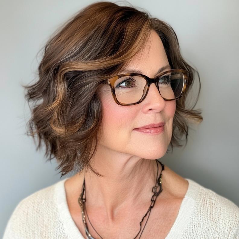 A wavy bob with a deep side part, creating a chic and elegant look for women over 40 with glasses.