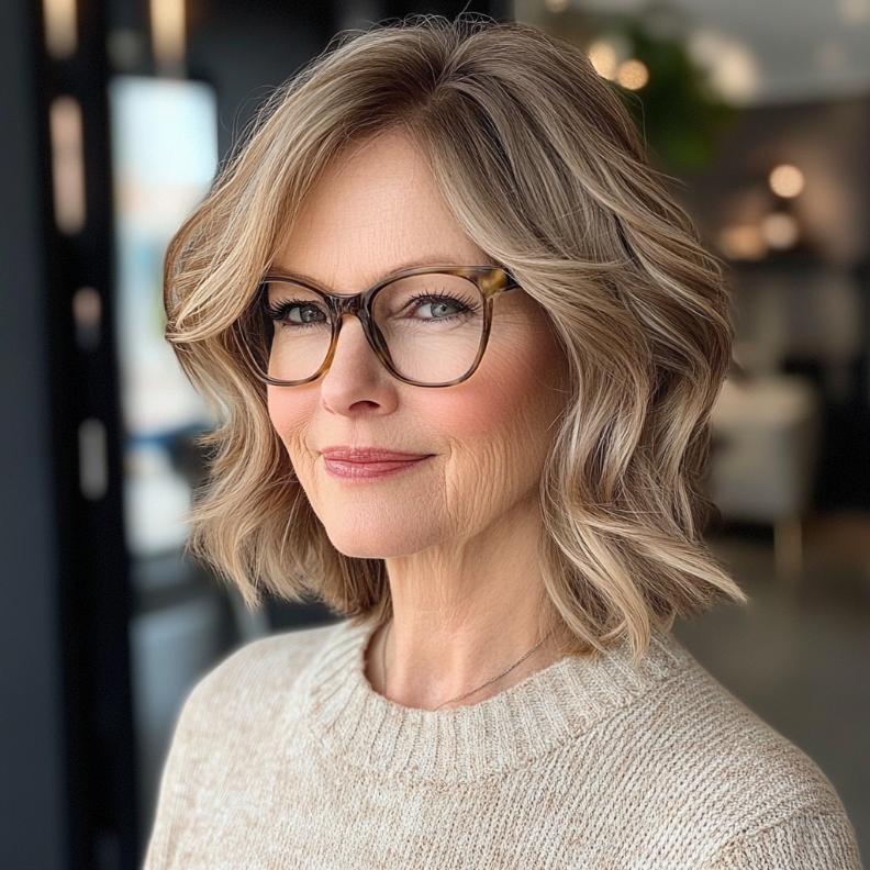 A wavy lob, a trendy and versatile short hairstyle for women over 50 with glasses, perfect for a casual yet polished look.