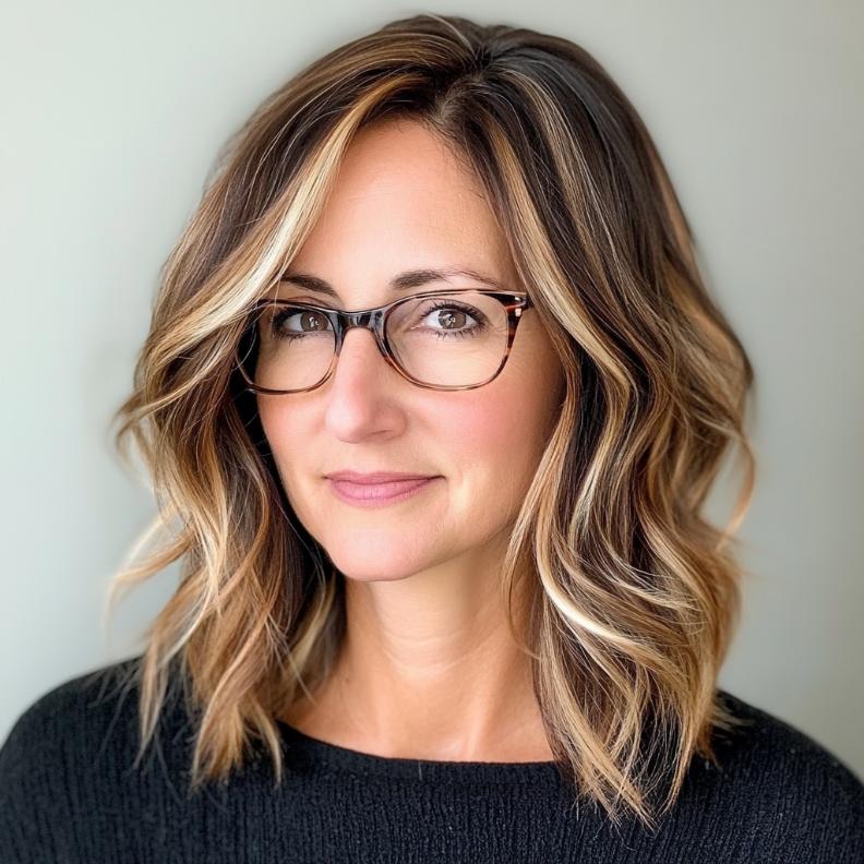 A wavy lob with subtle highlights that adds depth and dimension to women over 40 with glasses.