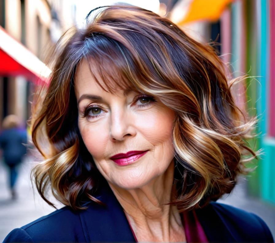 A wavy long bob with subtle highlights, adding dimension and depth, ideal for women over 50 with round faces.