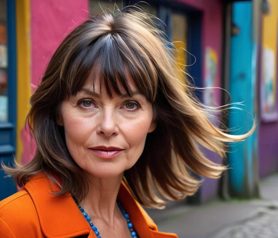 A wavy shag haircut with blunt bangs, blending softness with a touch of boldness, ideal for women over 50.