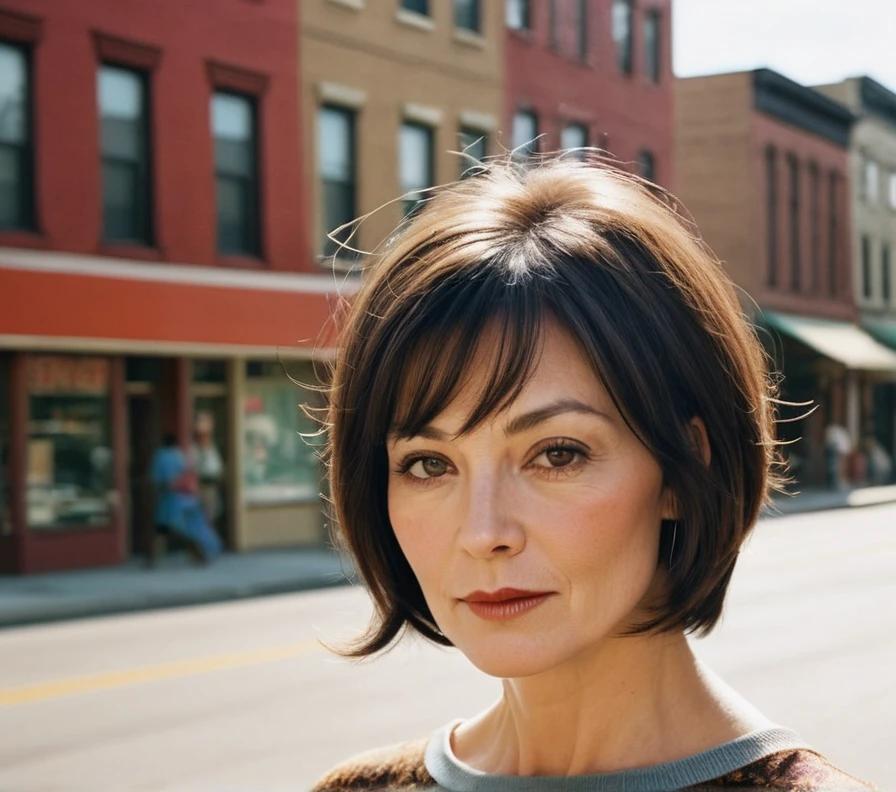 A woman in her 50s wearing a pixie bob, blending the length of a bob with the sharpness of a pixie cut for a versatile look.