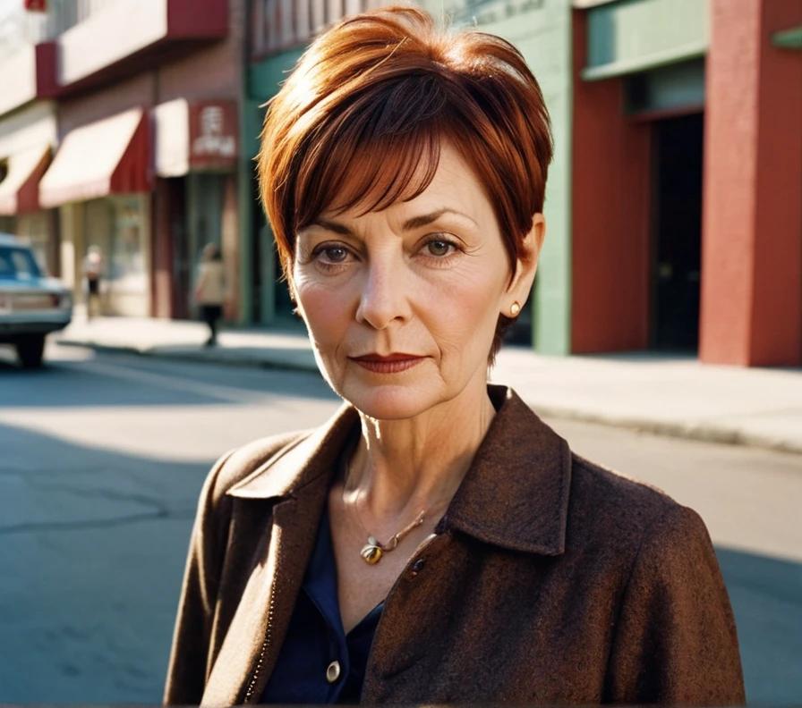 A woman in her 50s with a copper-colored feathered pixie cut, adding warmth and vibrancy to her look.