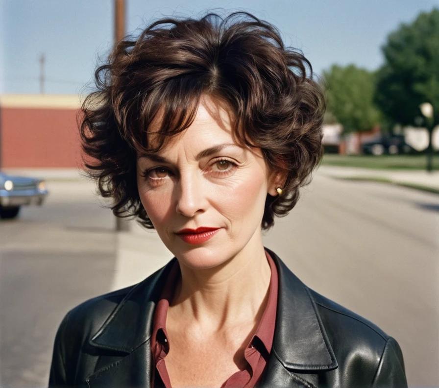 A woman in her 50s with a curly tapered pixie cut, showcasing natural curls with a neat, tapered finish.