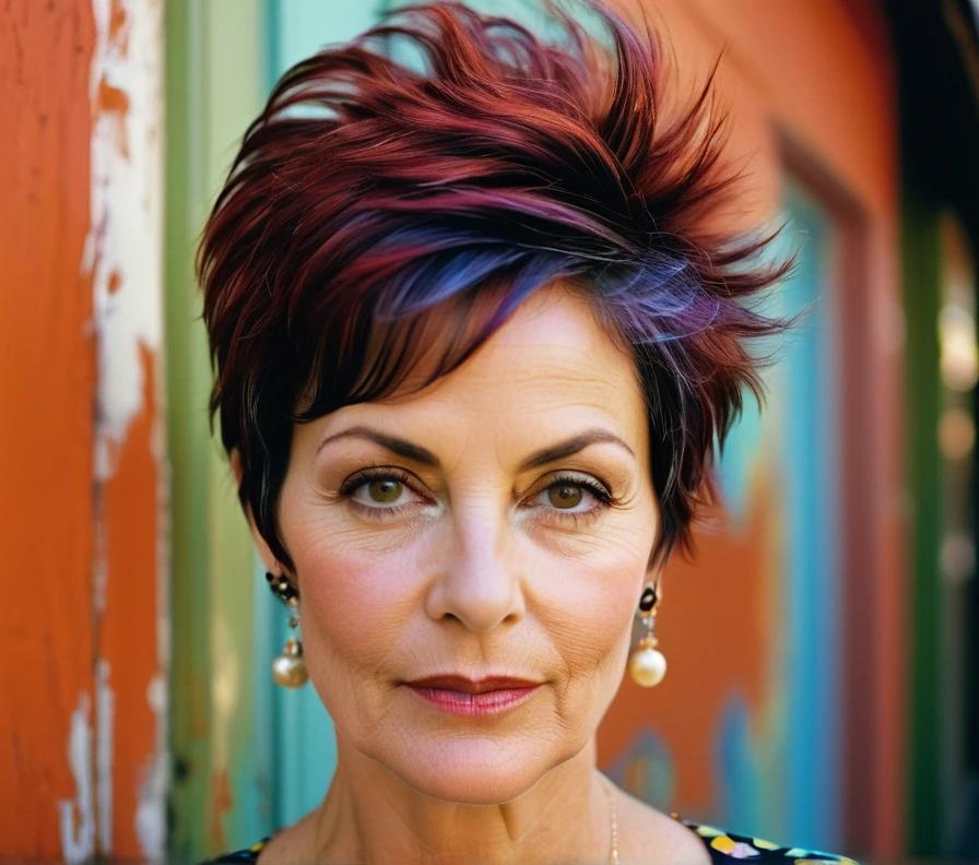 A woman in her 50s with a feathered pixie cut, showcasing light, airy layers that create movement.