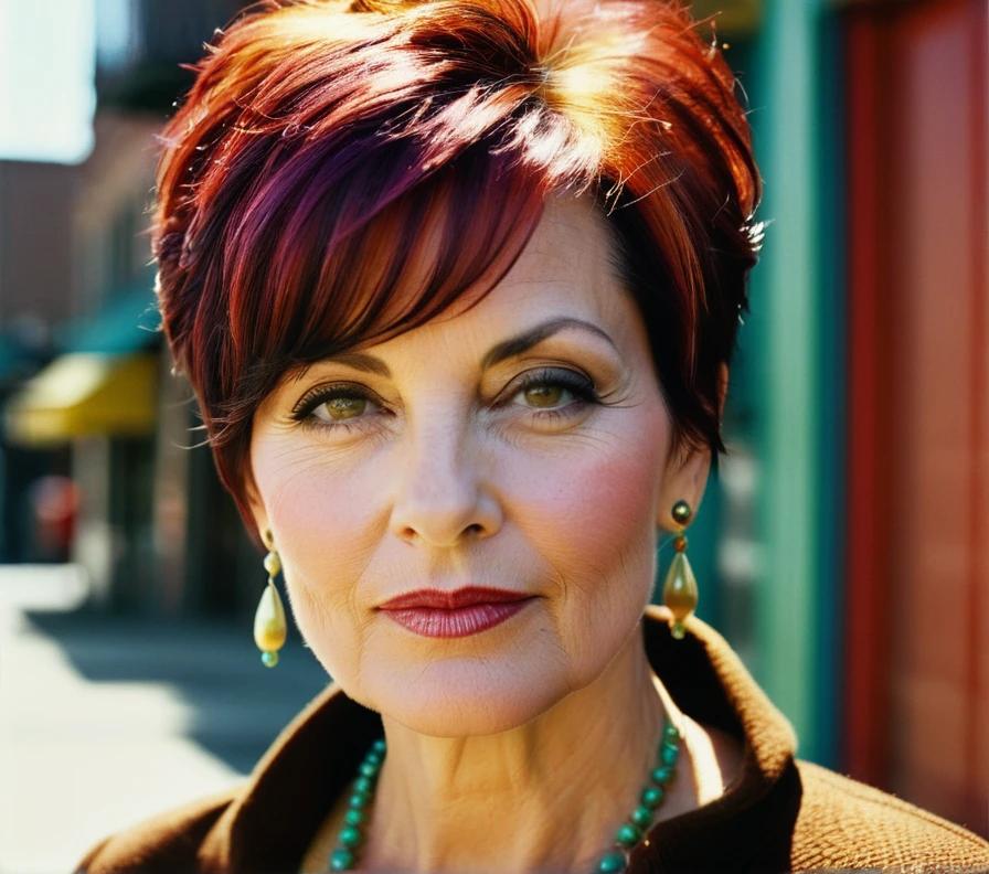 A woman in her 50s with a layered pixie cut, featuring side-swept bangs that add softness to her face.