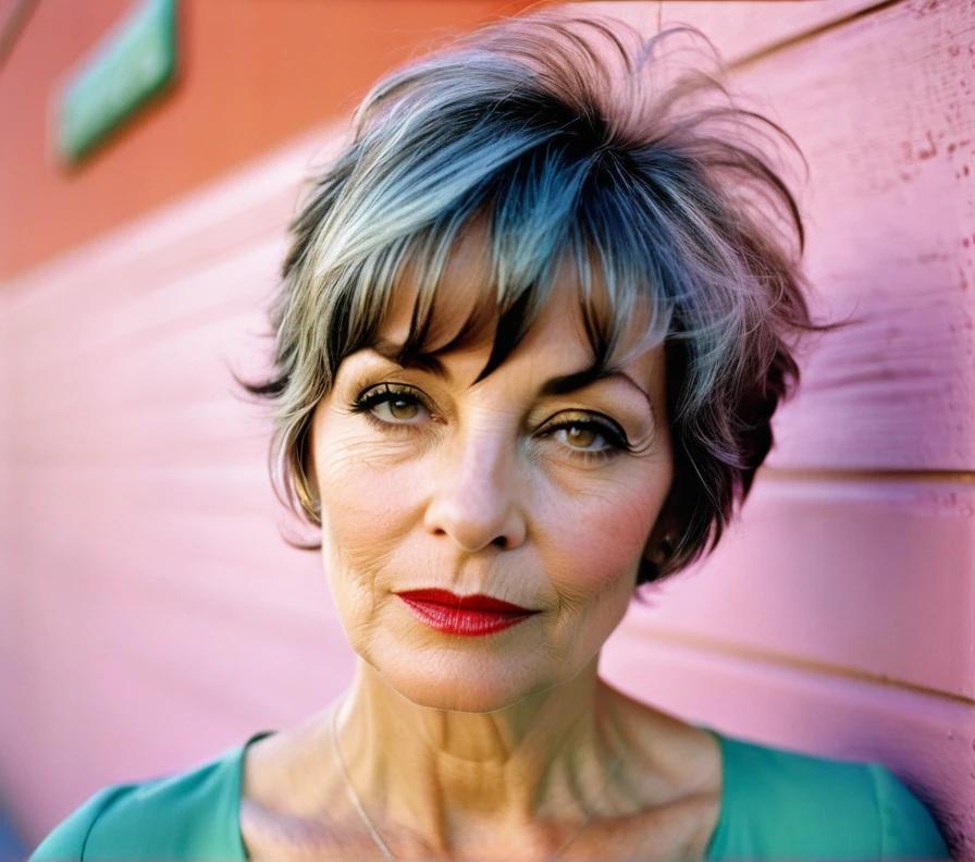 A woman in her 50s with a longer pixie cut, complemented by delicate wispy bangs that frame her face.