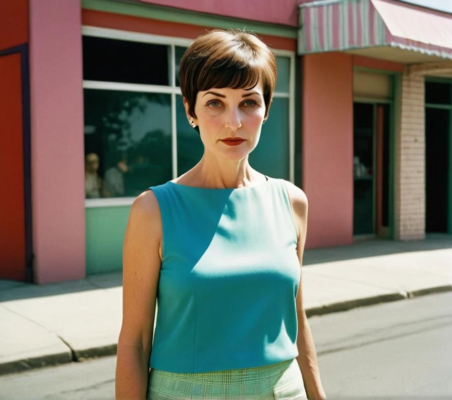 A woman in her 50s with a pixie cut and short baby bangs, giving her a fresh, youthful appearance.