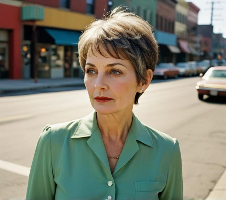 A woman in her 50s with a straight feathered pixie cut, showcasing light layers that frame her face.