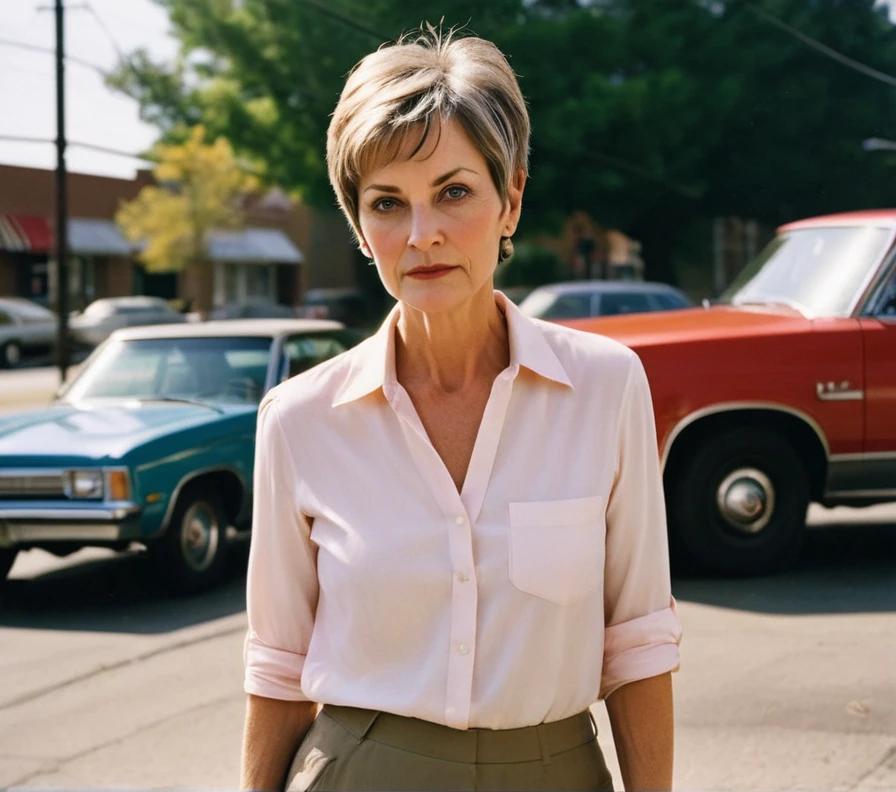 A woman in her 50s with a textured pixie cut, enhanced by highlights that add depth and movement.